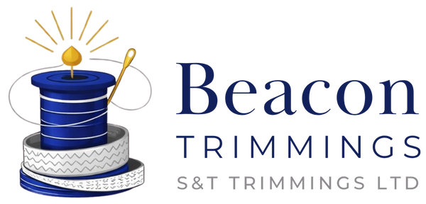 Beacon Trimmings logo with spool and decorative ribbons for garment and upholstery sectors