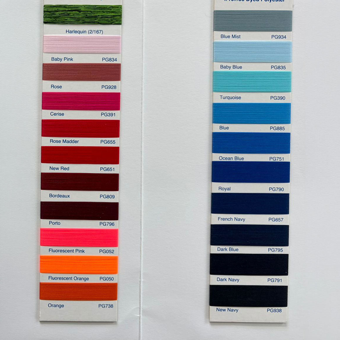 Colorful polyester thread swatches for garment and upholstery, labeled with names and codes.